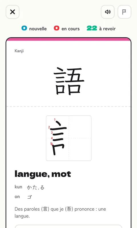 Une flashcard : le kanji 語, son tracé et ses lectures